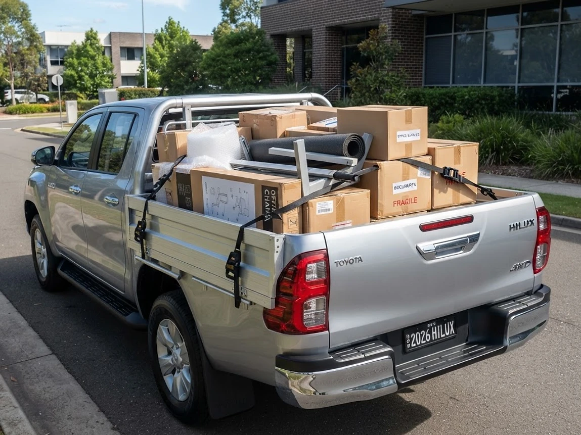 Ute tray of office boxes, chairs and packaging outside a commercial building