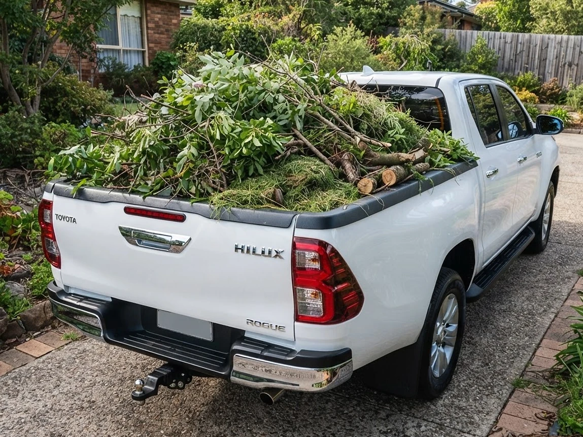 Ute loaded with branches, prunings and grass clippings from a garden clean-up
