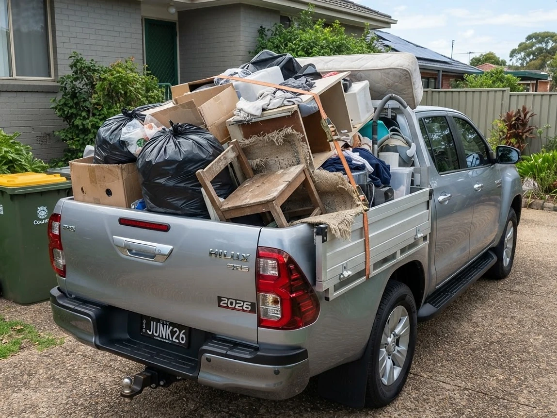 Ute loaded with bags of household rubbish, boxes, a chair and an old mattress outside a Central Coast home